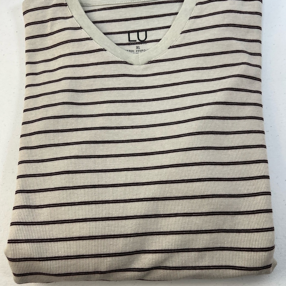 NWOT Linea Uomo LU Cream with Maroon Stripes Waffle‎ Knit Thermal V-Neck Size XL